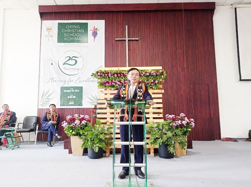 Neposo Thelüo, IAS speaking during the Oking Christian School, Kohima silver jubilee celebration on October 15. (Morung Photo)